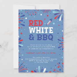 Invitación Rojo blanco y barbacoa 4 de julio fuegos artificia