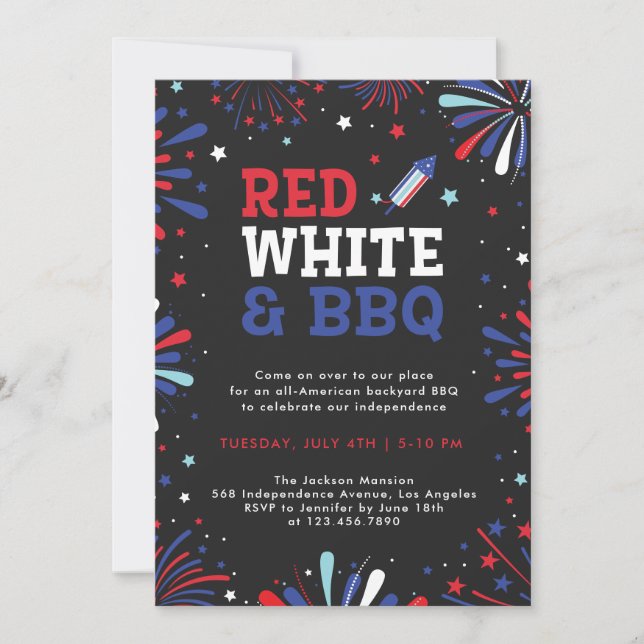 Invitación Rojo blanco y barbacoa 4 de julio fuegos artificia (Anverso)