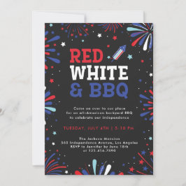 Invitación Rojo blanco y barbacoa 4 de julio fuegos artificia
