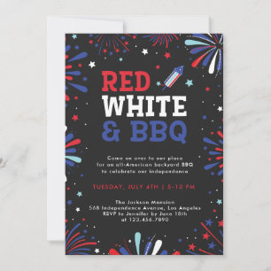 Invitación Rojo blanco y barbacoa 4 de julio fuegos artificia