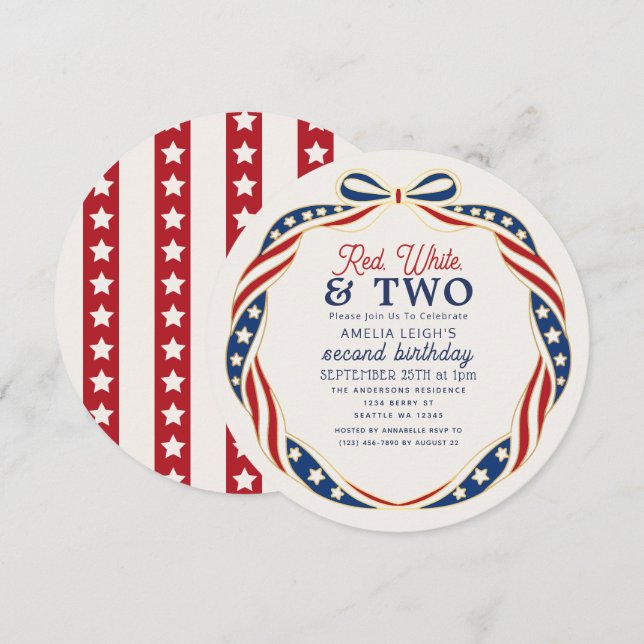 Invitación Rojo Blanco y Dos Cumpleaños de 4 de Julio Cumplea (Anverso / Reverso)