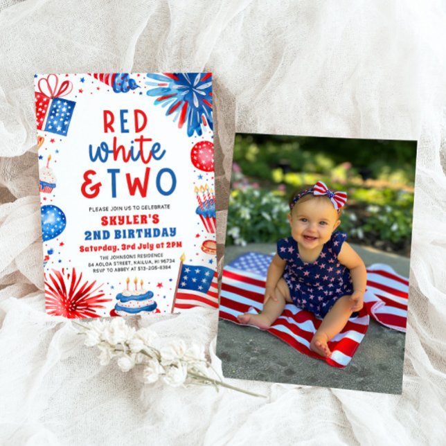Invitación Rojo, Blanco y Dos el 2 de julio, fiesta de cumple (Watercolor Fireworks Patriotic 4th July Red, White & Two 2nd Photo Birthday Party Invitation)