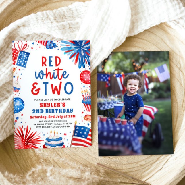 Invitación Rojo, Blanco y Dos el 2 de julio, fiesta de cumple (Watercolor Fireworks Patriotic 4th July Red, White & Two 2nd Photo Birthday Party Invitation)