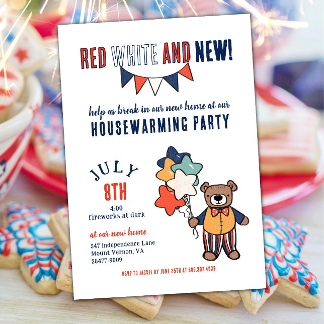 Invitación Rojo, blanco y nuevo | Fiesta de verano para el ca (Red, White, and New!  Show Off Your New Home with this July Themed Housewarming Invitation)