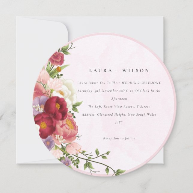 Invitación Rojo Boho Rosa Flores de Rosa blancas modernas (Anverso)