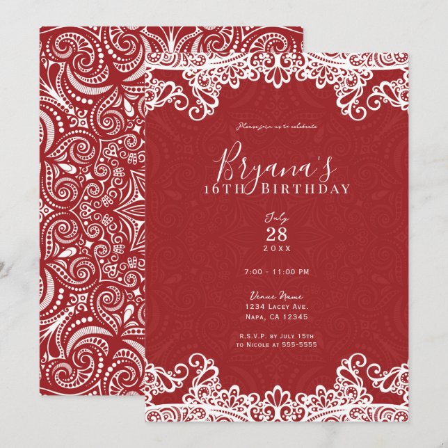 Invitación Rojo boho y encaje blanco Patrón audaz dulce 16 fi (Anverso / Reverso)