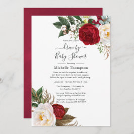 Invitación Rojo Boho y Floral blanca por ducha