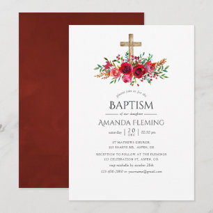 Invitación Rojo Borgoña Floral Bautizo o Cristiandad