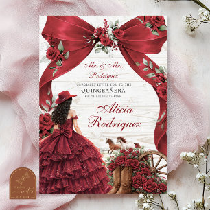Invitación Rojo Borgoña Lazo Coqueta Charra Quinceañera