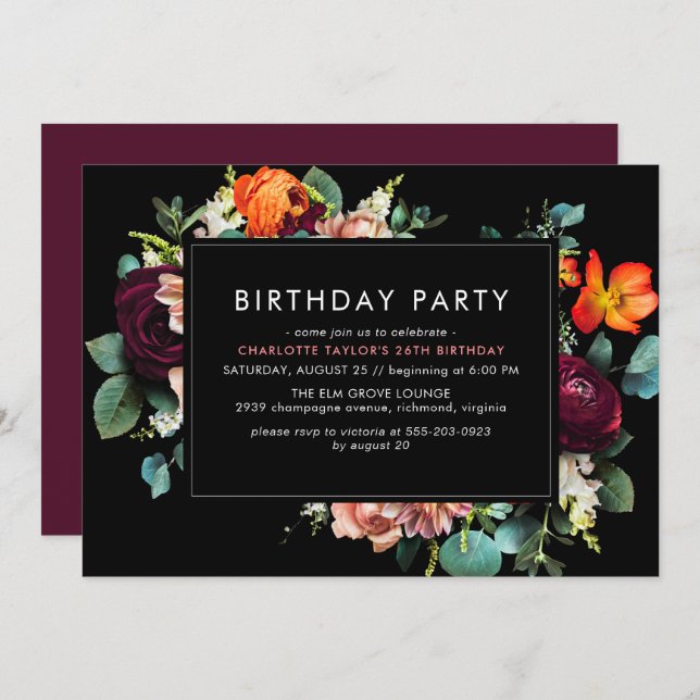 Invitación Rojo Borgoña + Negro | Moody Dark Floral Birthday (Anverso / Reverso)