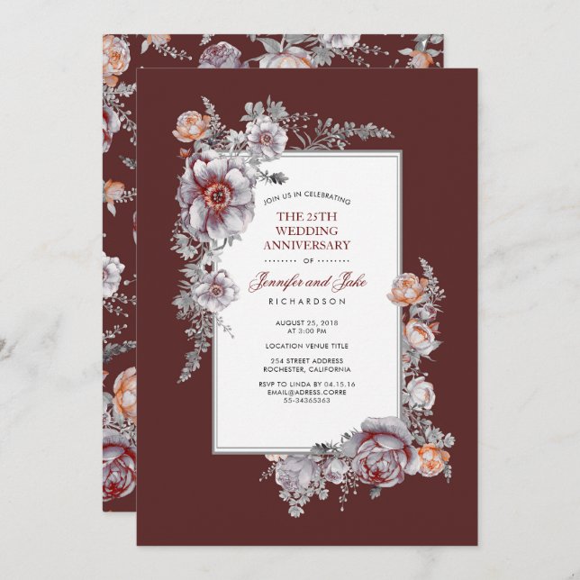 Invitación Rojo Borgoña Vintage Floral Boda Aniversario (Anverso / Reverso)