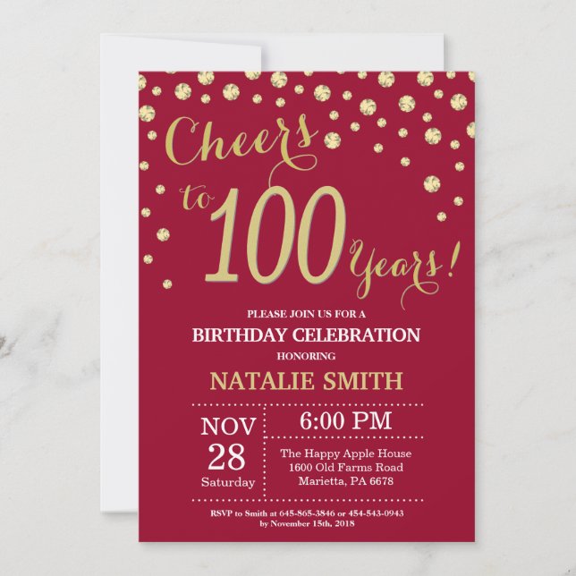 Invitación Rojo Borgoña y oro Diamante de los 100 cumpleaños (Anverso)