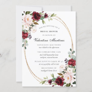 Invitación Rojo borgoñón y ducha de novia floral rosa Rubor
