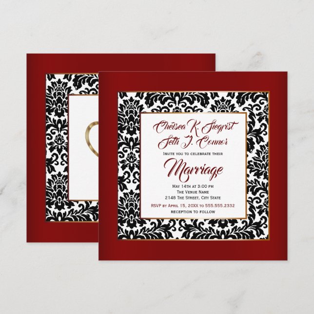 Invitación Rojo borgoñoso, blanco y negro (Anverso / Reverso)