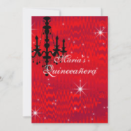 Invitación Rojo Brillante con Quinceañera de Candil y Estrell