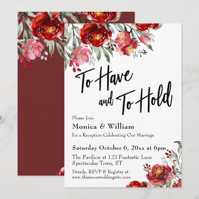 Invitación Rojo Burdeos Floral Para Tener y Poseer (Anverso / Reverso)
