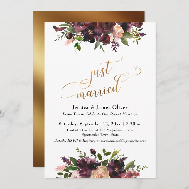 Invitación Rojo Burdeos Profundo Floral Dorado Letra Recién C (Anverso / Reverso)