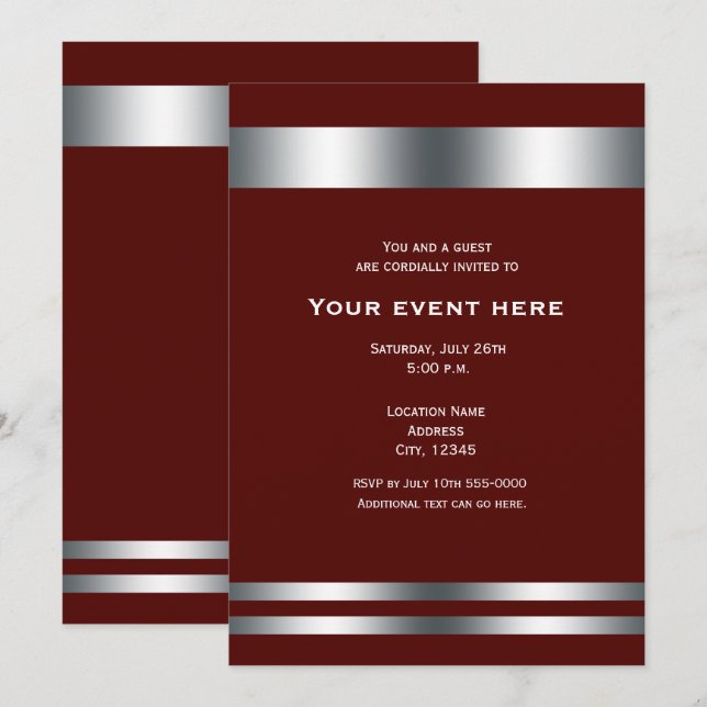 Invitación Rojo Burdeos Profundo Plateado Elegante Cena Event (Anverso / Reverso)
