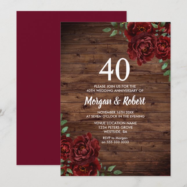Invitación Rojo Burdeos Rosa Rústico 40 Aniversario de Boda (Anverso / Reverso)