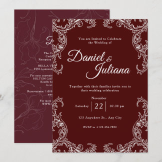Invitación Rojo Burdeos y Floral Blanco | Boda Elegante 