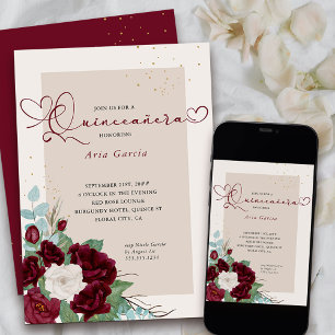 Invitación Rojo Burdeos y Rosas de Marfil Quinceañera Elegant