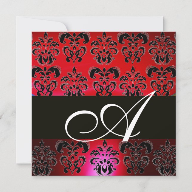 Invitación ROJO BURGUNDY BLACK DAMASK MONOGRAM , rubí blanco (Anverso)