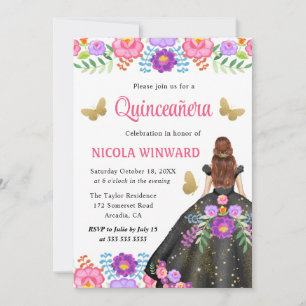 Invitación Rojo Cabello Princesa Vestido Floral Mexicano Quin