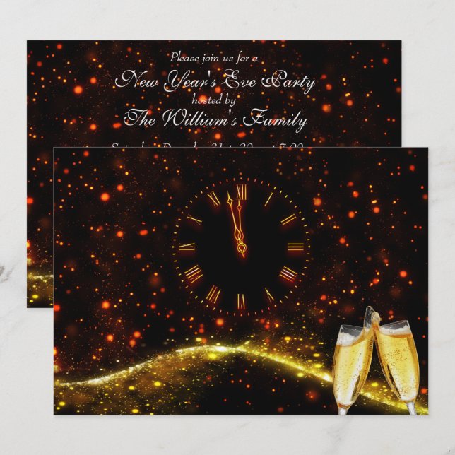 Invitación Rojo, champán de oro y reloj víspera de Año Nuevo (Anverso / Reverso)