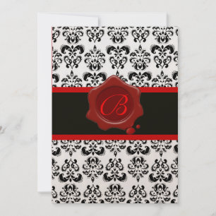 INVITACIÓN ROJO, CHAMPAÑA Y DAMASCO NEGRO, MONOGRAMA DE SELLO