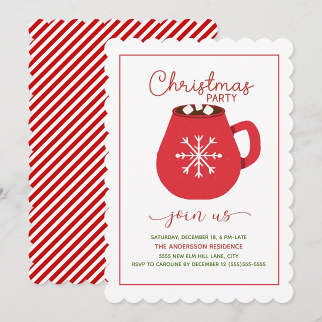 Invitación Rojo Chocolate Caliente Escalonado Fiesta de Navid (Anverso / Reverso)