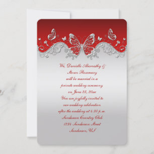 Invitación Rojo con mariposas de plata ornamentadas solo para