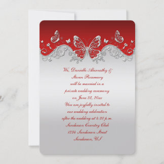 Invitación Rojo con mariposas de plata ornamentadas solo para