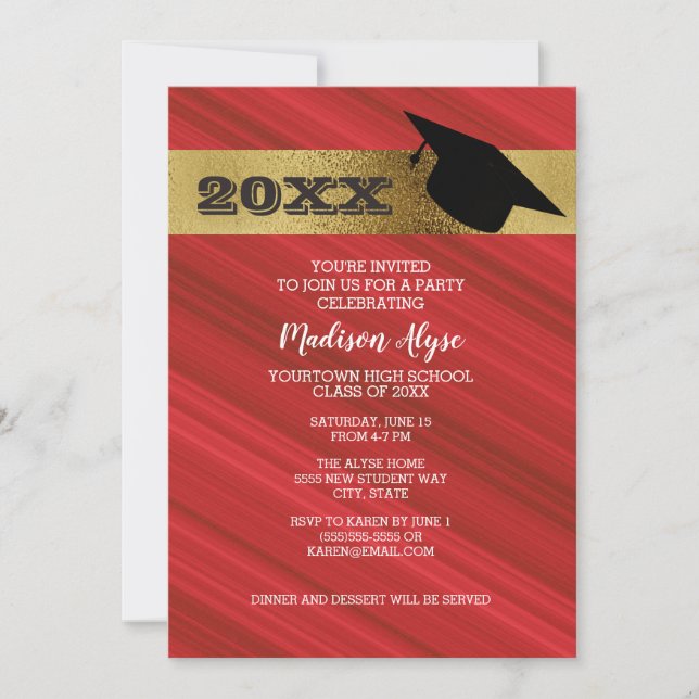 Invitación Rojo con oro y Fiesta de tapón de graduación (Anverso)