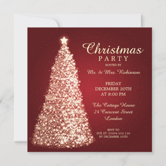 Invitación Rojo de árbol de Navidad dorado (Anverso)