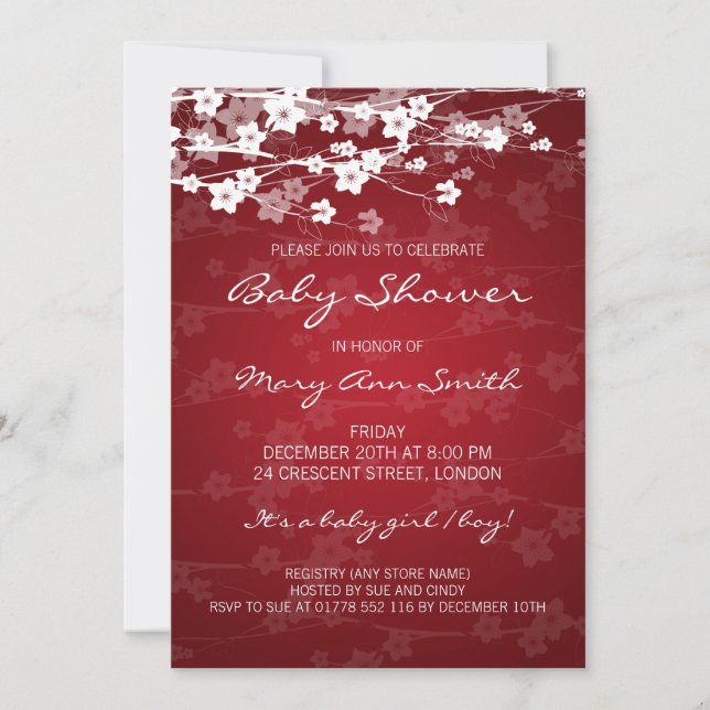 Invitación Rojo de cerezo elegante Baby Shower las 24 horas (Anverso)