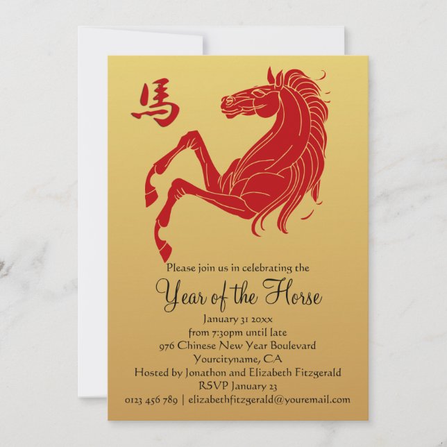 Invitación Rojo de la silueta el el año del oro del caballo (Anverso)