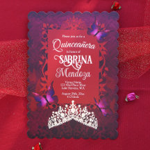 Rojo de rubí, Tiara de oro, mariposas rosadas Quin