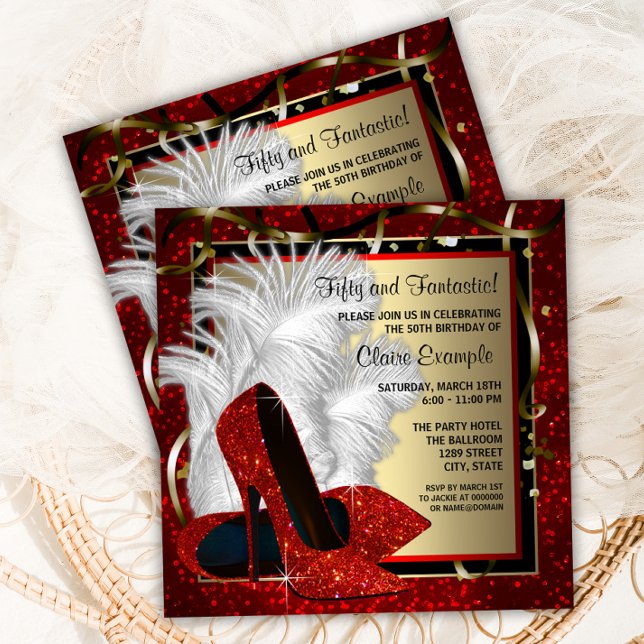 Invitación Rojo de tacones altos cualquier número rojo negro  (Elegant red, black and gold high heel shoe any number birthday party invitation. )
