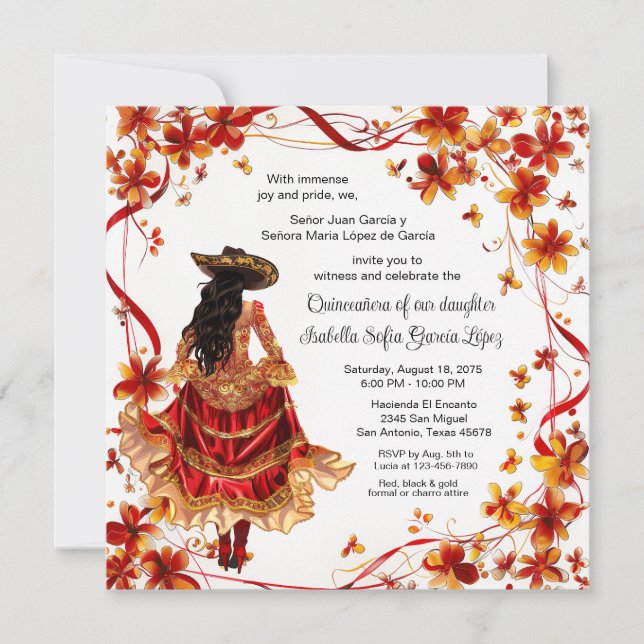 Invitación Rojo Dorado Charra Quinceañera  (Anverso)