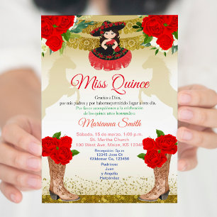 Invitación Rojo dorado Charro Quinceañera