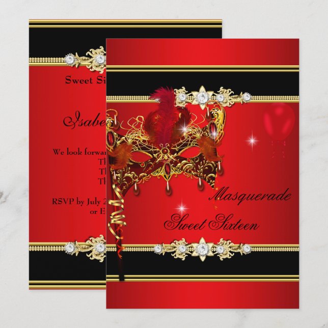 Invitación Rojo Dorado Dulce Dieciséis Dulce 16 Mascarada 2 (Anverso / Reverso)
