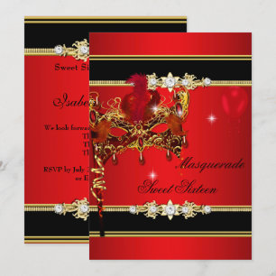 Invitación Rojo Dorado Dulce Dieciséis Dulce 16 Mascarada 2