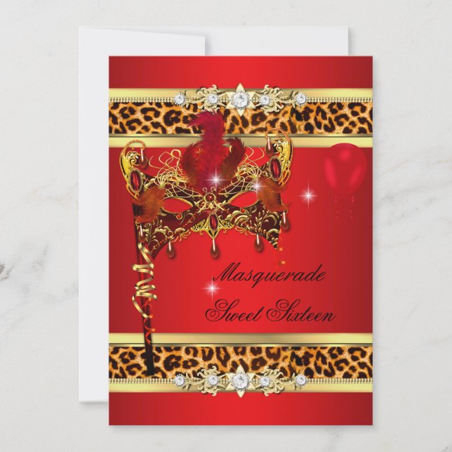 Invitación Rojo Dorado Dulce Dieciséis Dulce 16 Mascarada Leo (Anverso)