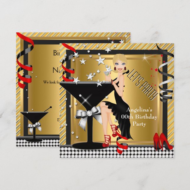 Invitación Rojo Dorado Plateado Martini Negro Cumpleaños Fies (Anverso / Reverso)