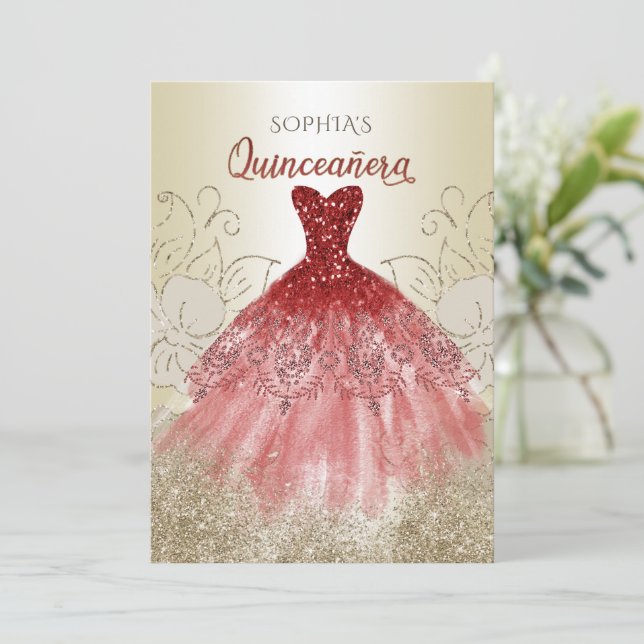 Invitación Rojo Dorado Sparkke Vestido Quinceañera Quince (Anverso de pie)