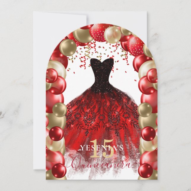 Invitación Rojo Dorado Sparkle Vestido Quinceañera Balón Arco (Anverso)