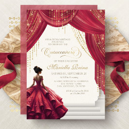 Invitación Rojo Dorado Vestido Moderno Quinceanera
