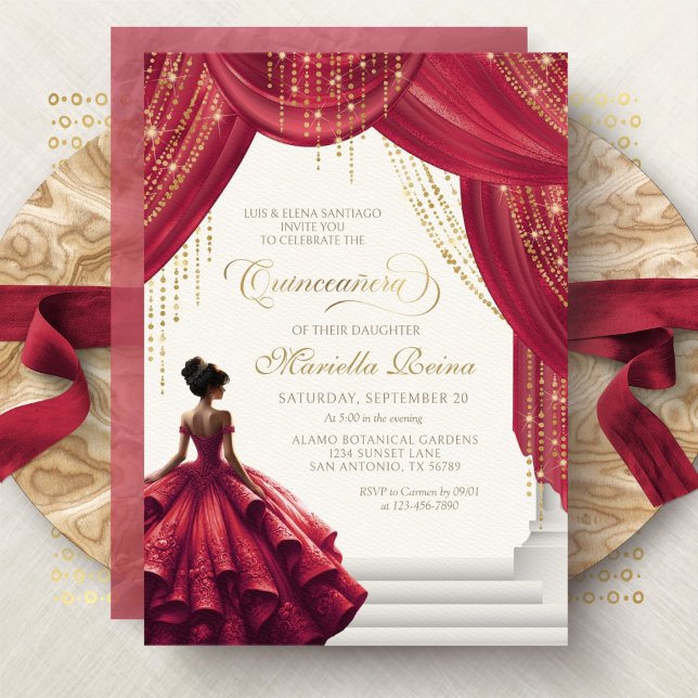 Invitación Rojo Dorado Vestido Moderno Quinceanera (Subido por el creador)
