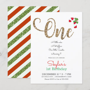 Invitación Rojo Dorado y Verde Navidad Vacaciones Primer Cump