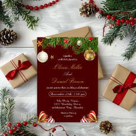 Invitación Rojo,Elegante Boda de Navidad invernal dorada
